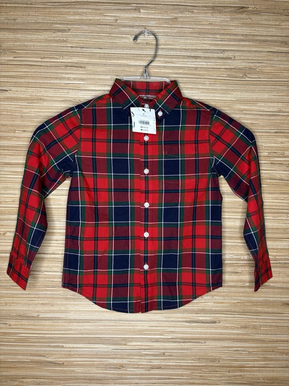 NWT Janie and Jack Boy’s Plaid Button Down Shirt 100% Cotton Red & Navy Sz 4